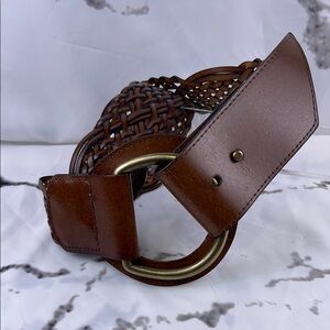Woven Bonded Leather Wide Belt Large Brass Buckle Adjustable Celtic Knot Weave